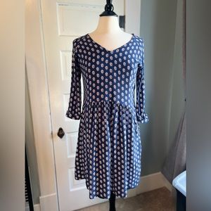 Garnet Hill Dress w Pockets, Knee Length, Dark Blue, Floral red, gold white, 8